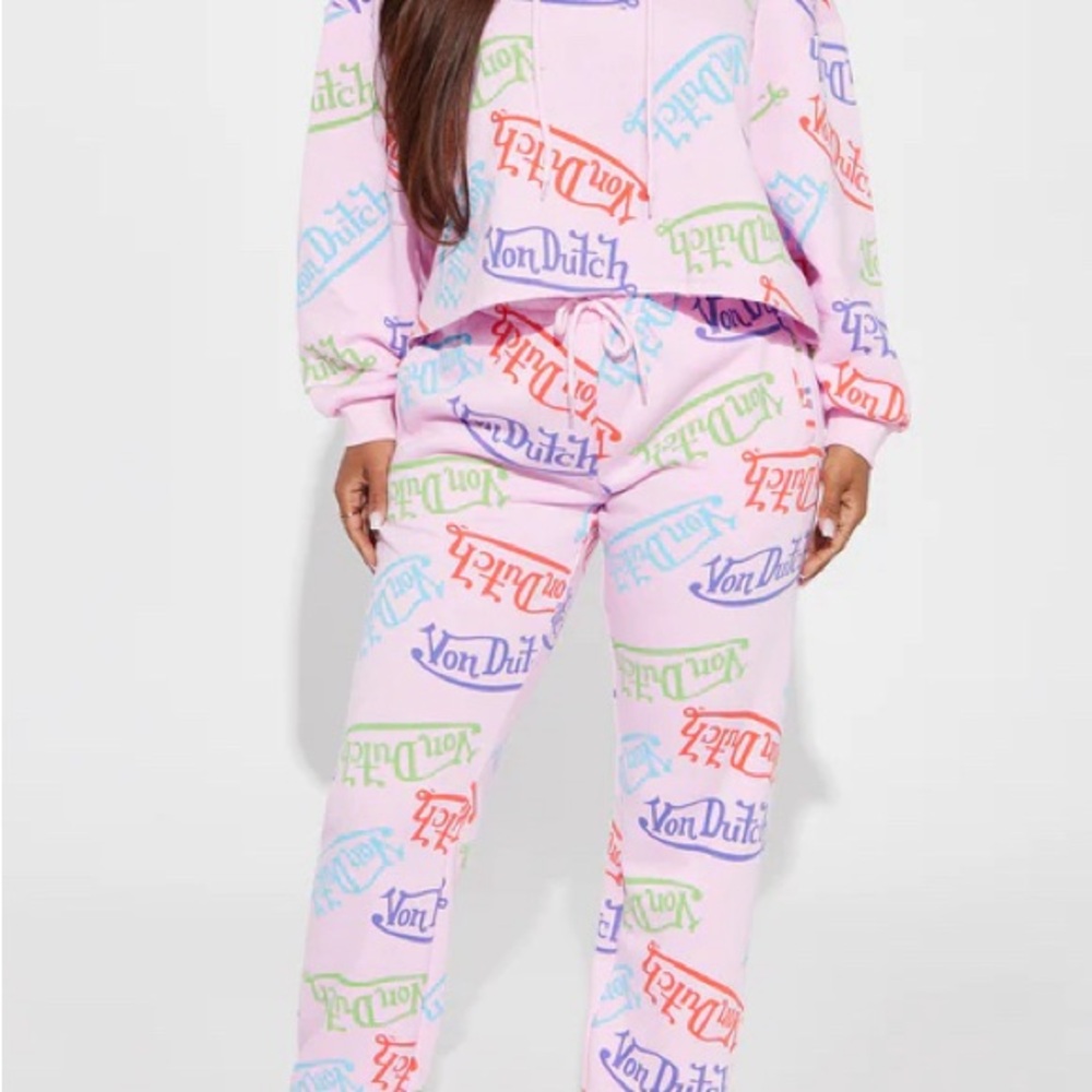 Von Dutch Pastel Pink and Light Blue Pajama Set with Fun Text Pattern